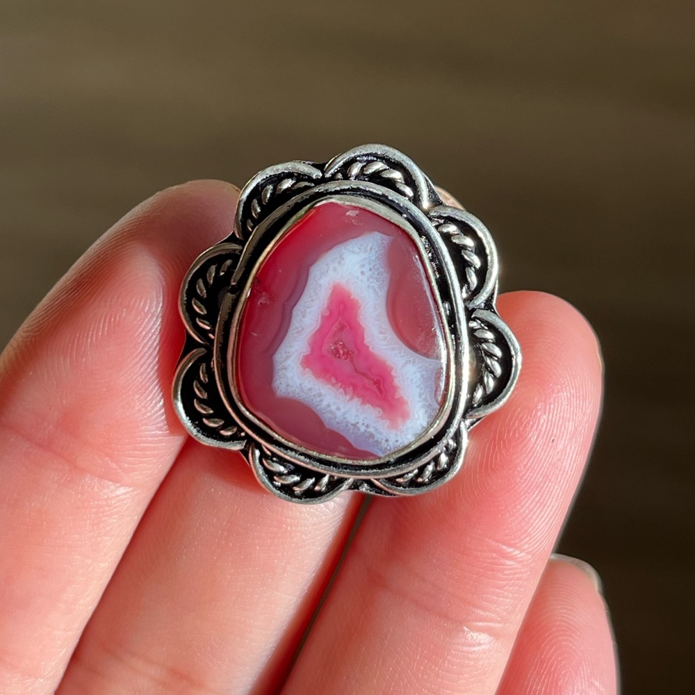 Size 8 925 silver overlay free form Botswana agate ring